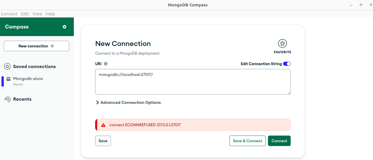 MongoDB Compass com erro