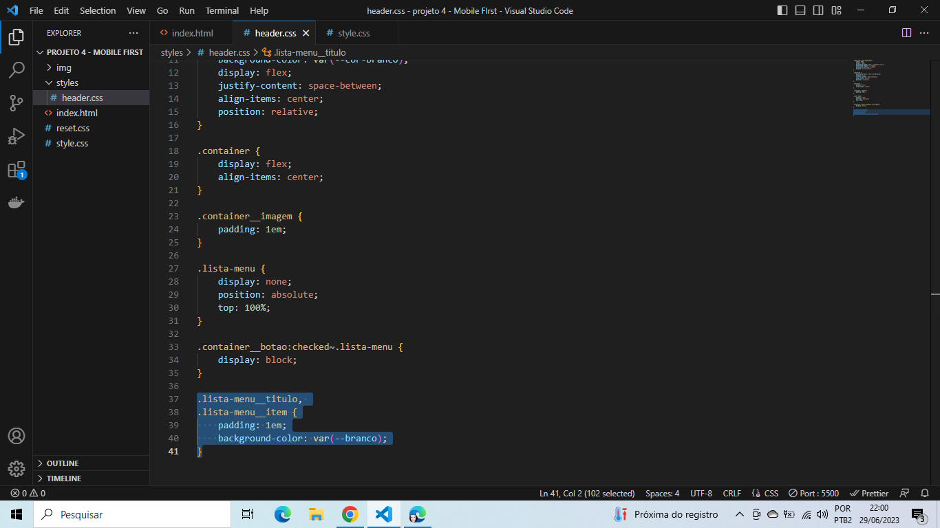 Código aplicado no HEADER.CSS