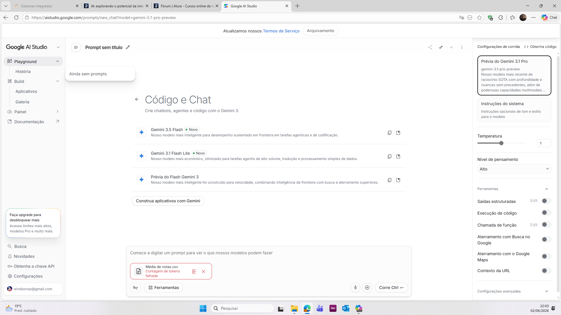 Site do google ai studio, tentando utilizar um arquivo e gerando erro