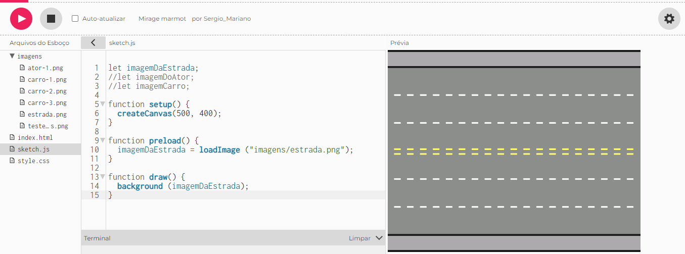 Imagem do p5.js que mostra o projeto do aluno com o código a esquerda e a imagem da estrada a direita.