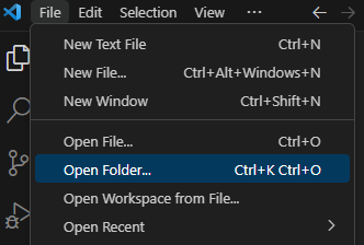 VSCODE: Opção "File" aberta com o "Open Folder" destacado.