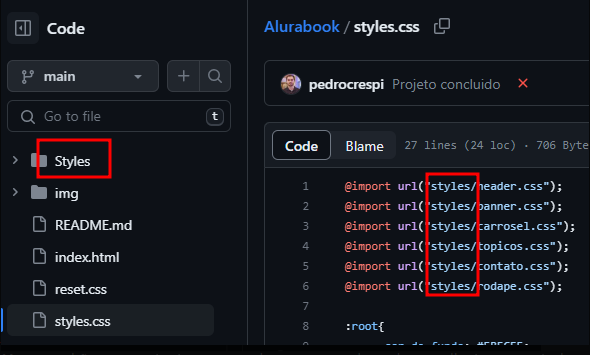 Código HTML referencia pasta "style", mas repos. tem "Style".