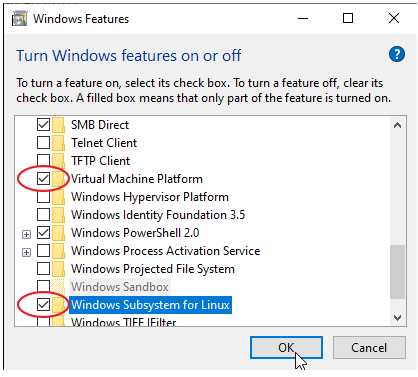 Imagem da aba Recursos do Windows aberta com um circulo vermelho nas opções: "Virtual Machine Platform" e "Windows Subsystem for Linux" e a seta do mouse na opção "OK" 