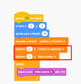 Imagem do Scratch com um bloco de código com as linhas "Adicione 0 a Pontos do oponente" e "Adicione 0 a Meus pontos" marcadas com um retangulo vermelho.