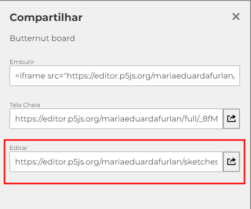 Aba de compartilhamento do p5.js com a lacuna "editar" marcada em vermelho.