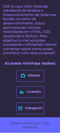 Imagem do projeto do aluno, que mostra uma descrição sobre ele e suas redes sociais.