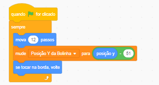 Imagem dos blocos de código responsáveis pro controlar o movimento do ator bolinha.