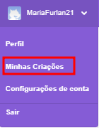 Imagem do Scratch, onde aparece a opção: "Minhas criações" circulada em vermelho. 