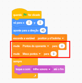 Imagem do Scratch com um bloco de código com as linhas "Mude  Pontos do oponente para 0" e "Mude Meus pontos para 0" marcadas com um retangulo vermelho