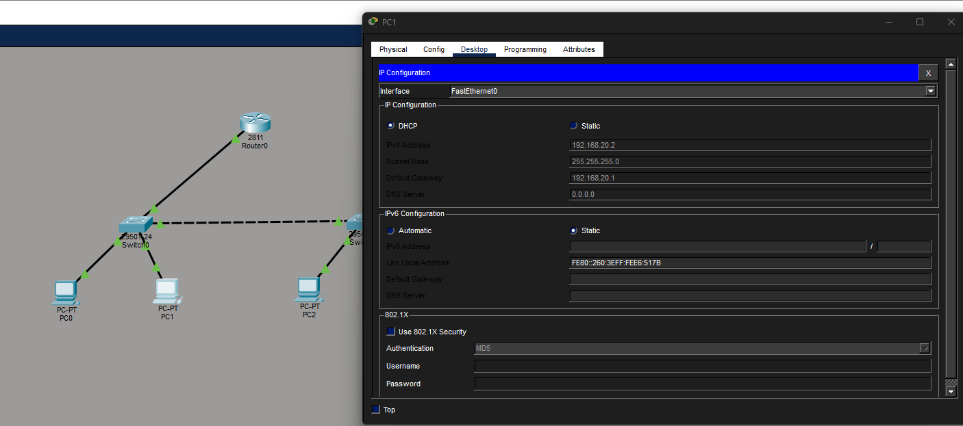 Imagem do topologia de rede junto com as informações da placa de rede de um dos Pc's