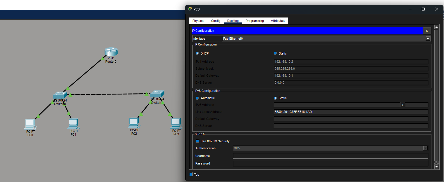 Imagem do topologia de rede junto com as informações da placa de rede de um dos Pc's