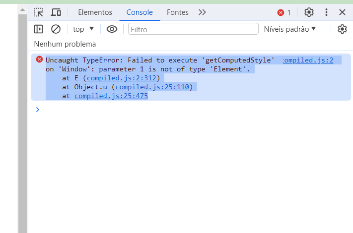 Captura de tela com mensagem de erro exibida ao inspecionar o código no navegador Google Chrome