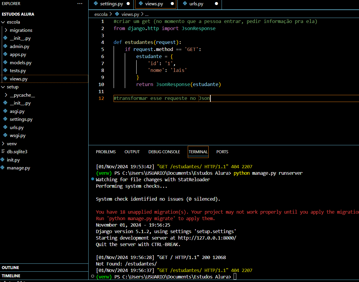 print do vscode, com o views.py mostrando a função com request