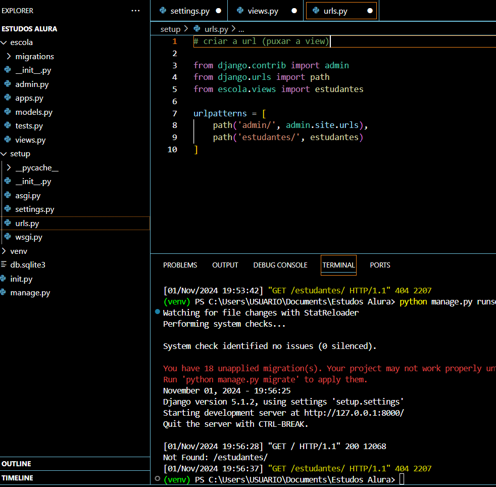 print do vscode, com o urls.py mostrando urlpatterns