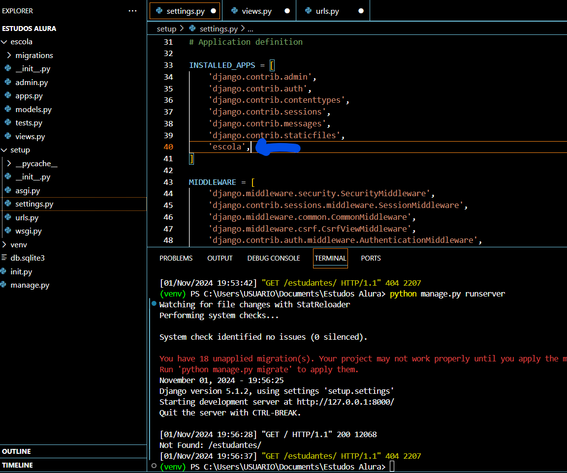 print do vscode, com o settings.py mostrando o installed_apps