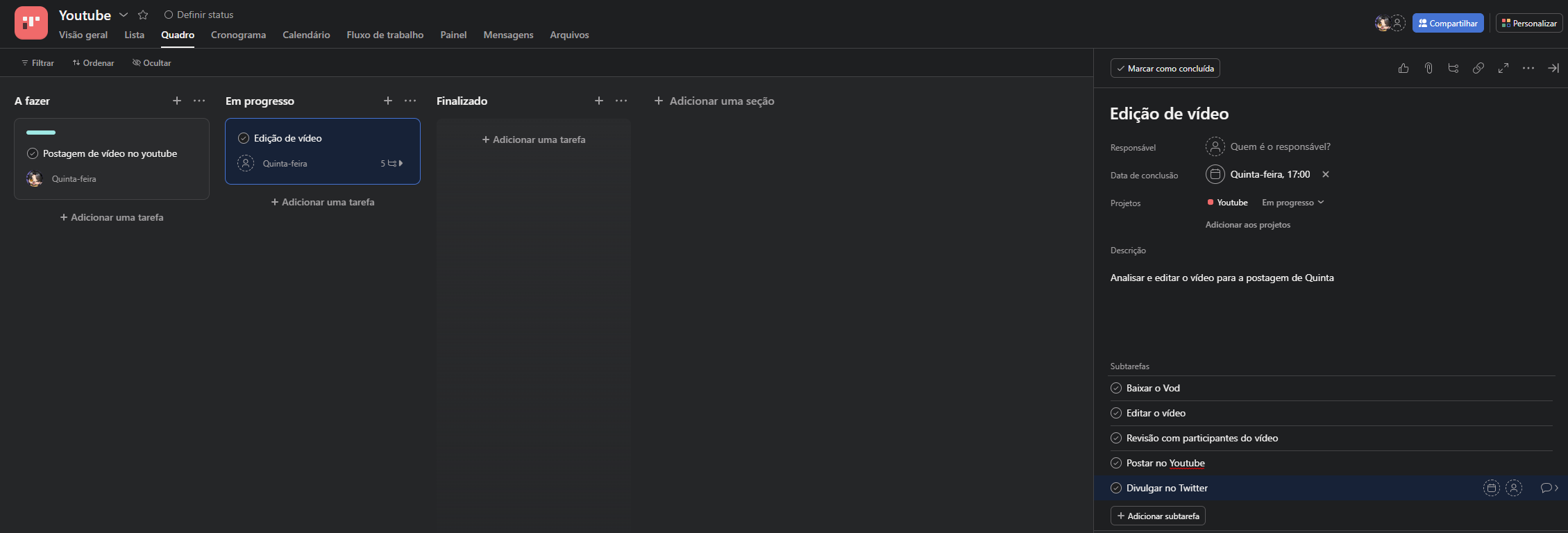 Quadro de tarefas do Youtube