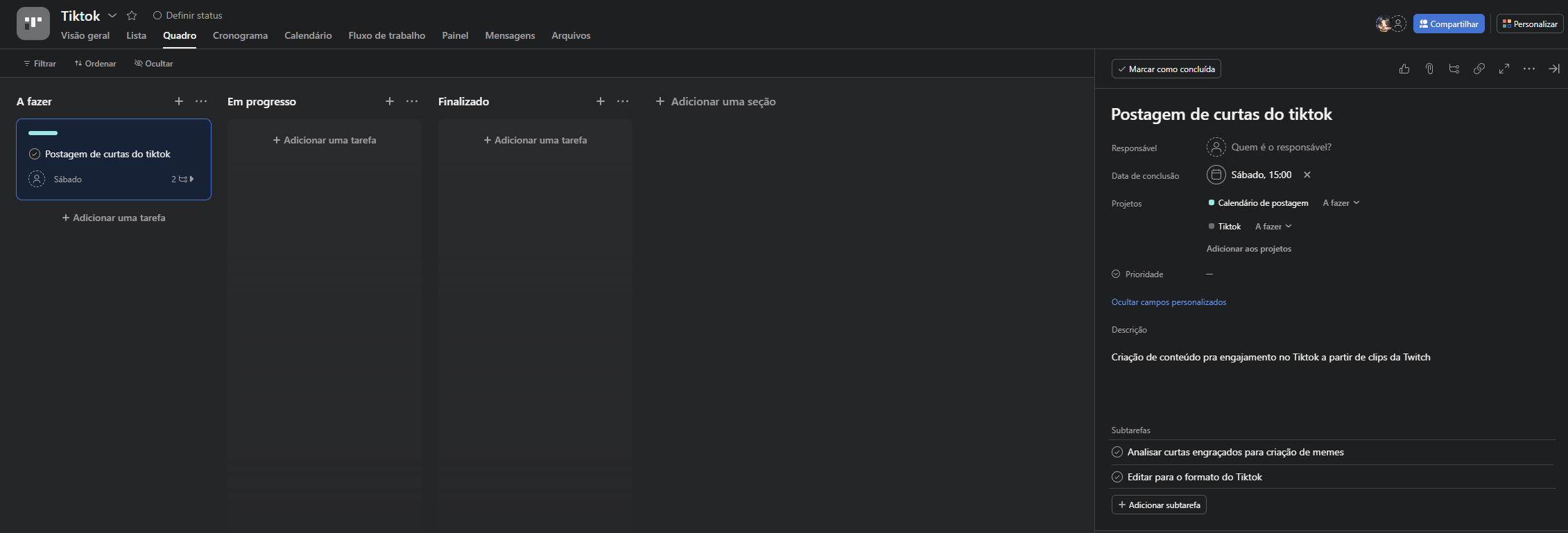 Quadro de tarefas do Tiktok