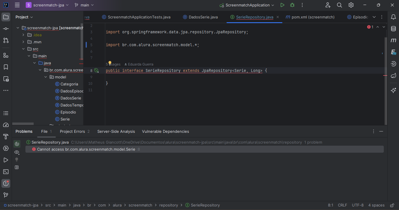 imagem da IDE com o erro de Cannot access br.com.alura.screenmatch.model.Serie