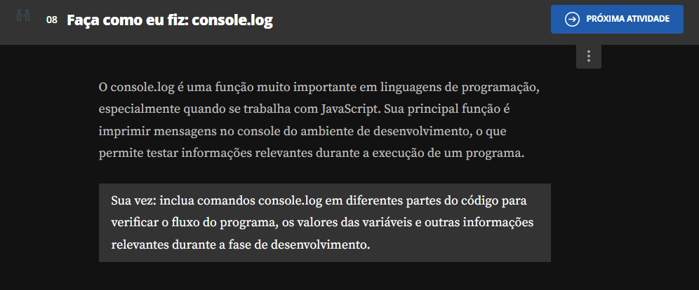 atividade 'Faça como eu fiz: console.log