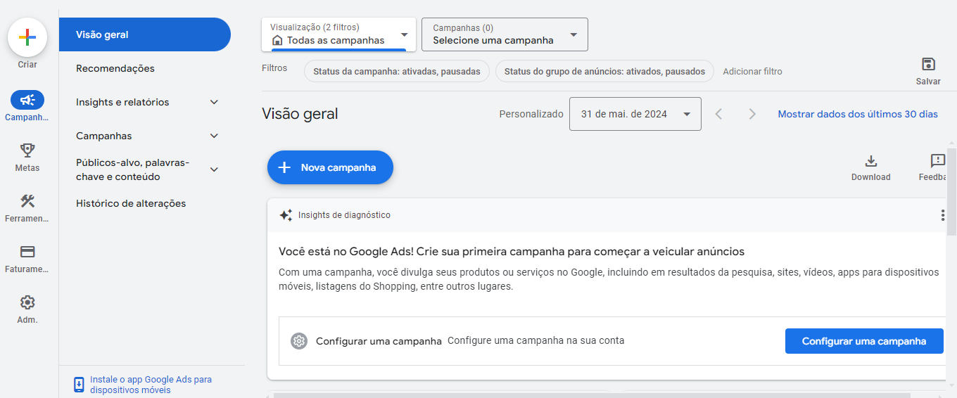 Print da Página Inicial da plataforma do Google Ads