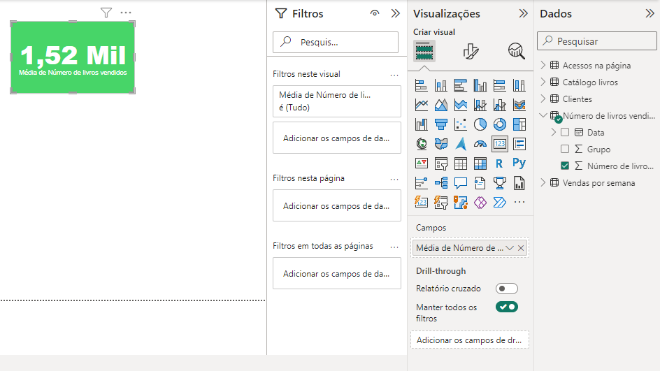 A imagem, do lado esquerdo, contém um cartão de fundo verde contendo escrito de forma centralizada 1,52 mil e logo abaixo, média de números de livros vendidos. Ao lado direito, há os visuais de modificar cartão e a tabela de dados, apresentado de forma padrão do PowerBI 