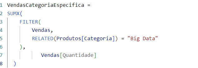 Comecei o codigo DAX em uma medida