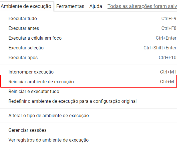 Imagem que mostra a opção de reiniciar o Ambiente de Execução