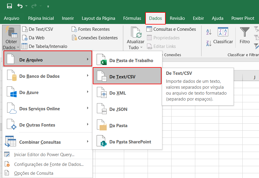 Imagem que mostra na barra superior direito em Dados e em seguida, Obter Dados de Arquivo