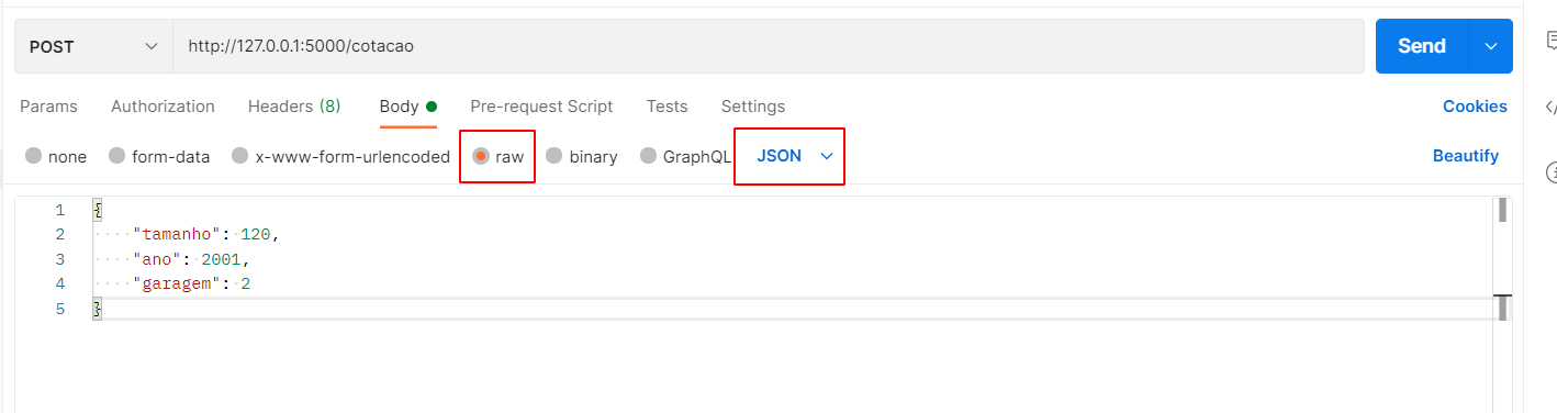 Imagem mostrando a opção JSON do formato raw