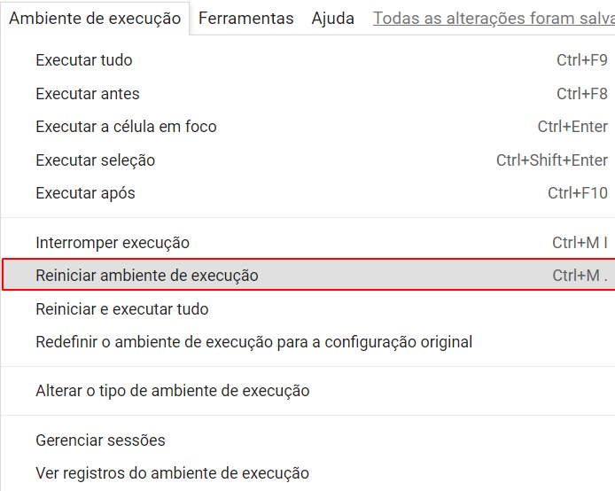 Imagem que mostra a opção de reiniciar ambiente de execução na barra superior do Colab
