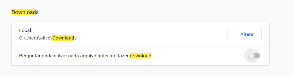 Imagem que mostra o local onde o Chrome está salvando os arquivos por padrão