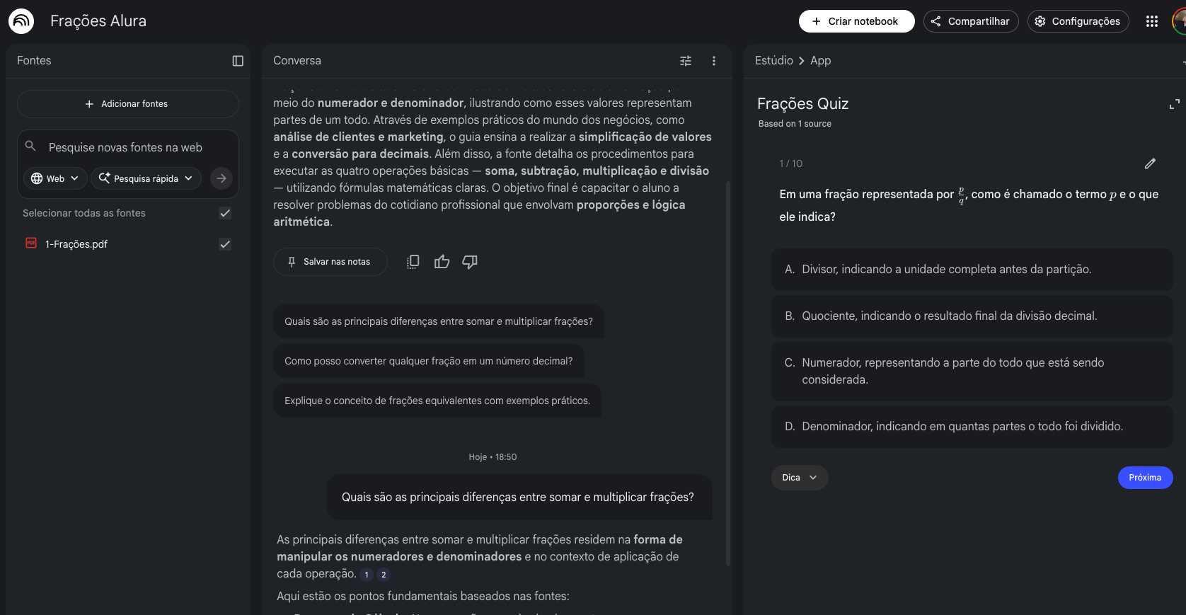 Imagem descrevendo a plataforma NotebookLM, exibindo um resumo dos slides de Fração de aula da Alura e um quiz