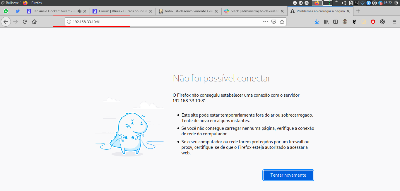Firefox mostrando o erro "não foi possível se conectar" ao host 192.168.33.10:81