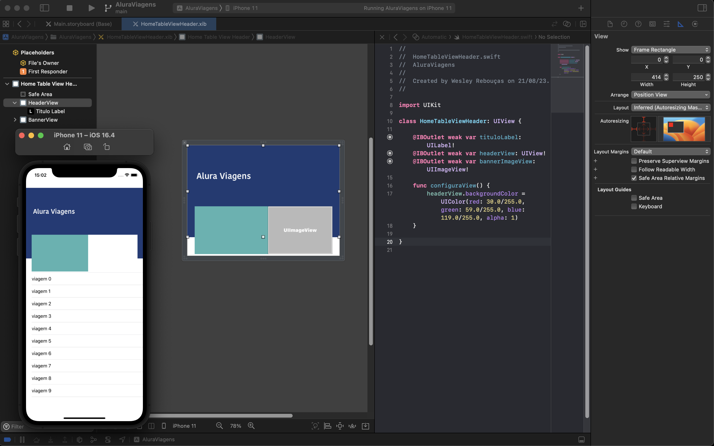 Screenshot do simulador e xcode com ajuste da HeaderView