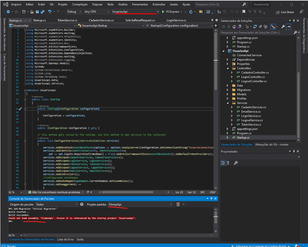 Captura de tela do visual studio grifando o projeto de inicialização