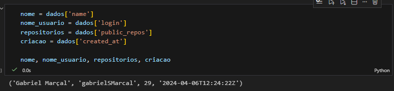 Resgate das keys no Json (usando a variável dados) para disponibilizar as respostas pelas variáveis