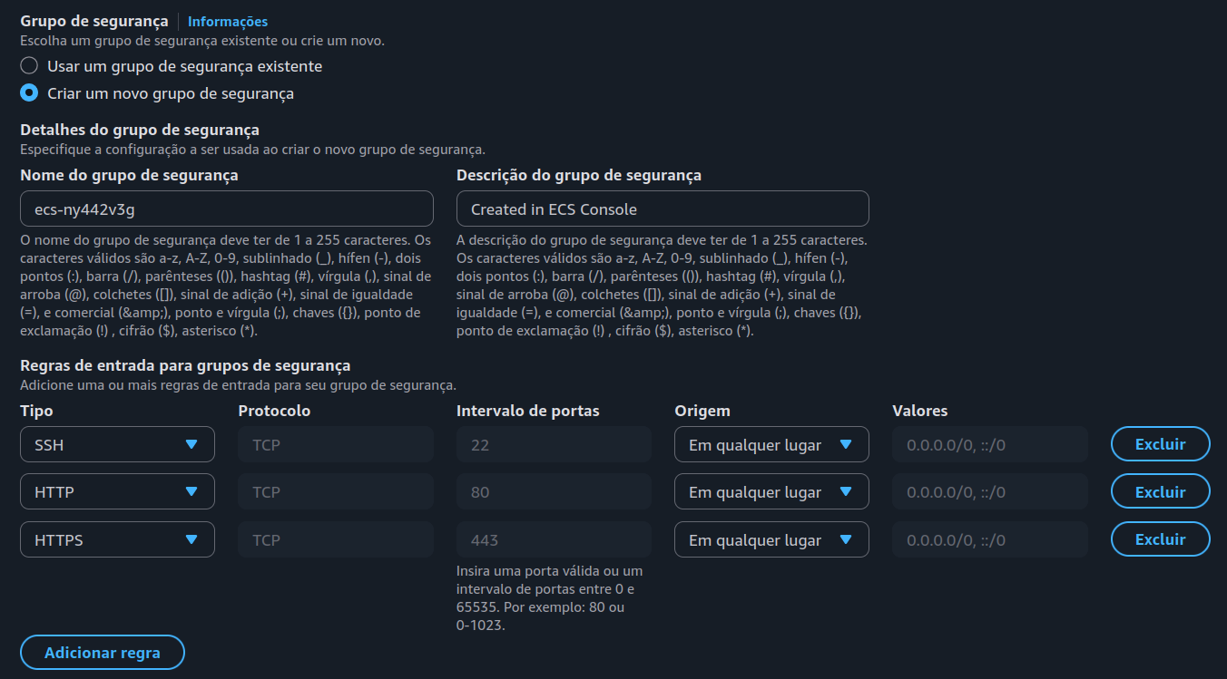 Configuração do grupo de segurança na opção "Criar cluster"
