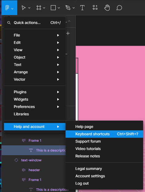 Menu do Figma mostrando o item "Keyboard shortcuts em destaque