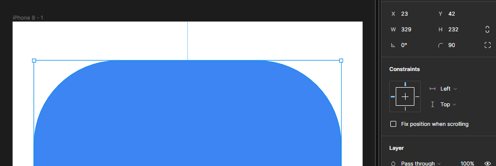 No meio, um frame de iPhone 8 com um quadrado azul selecionado, e na direita, a Área de Design do Figma, contendo a seção de Constraints