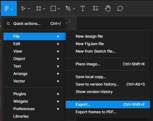 Menu do Figma mostrando os itens "File" e "Export" em destaque.