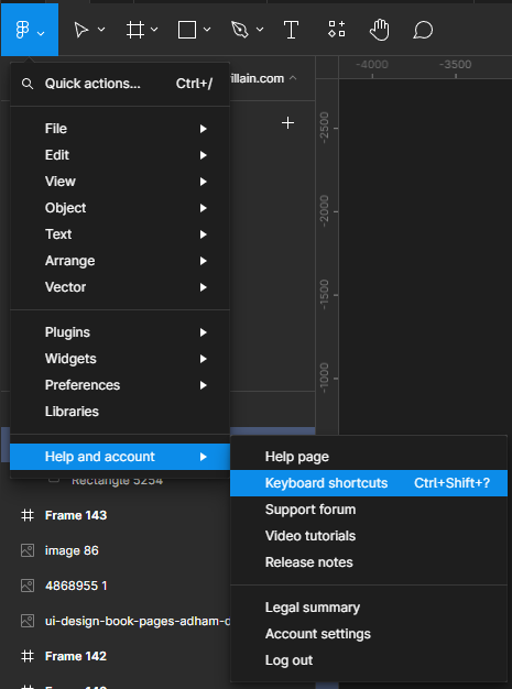 Na imagem está mostrando o menu de ajuda do Figma, com o item "Keyboard shortcuts" selecionado.