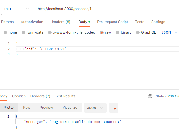 Put após envio informando que registro foi atualizado com sucesso
