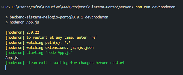 Imagem do terminal com comando npm run dev:nodemon e a inicialização do pacote
