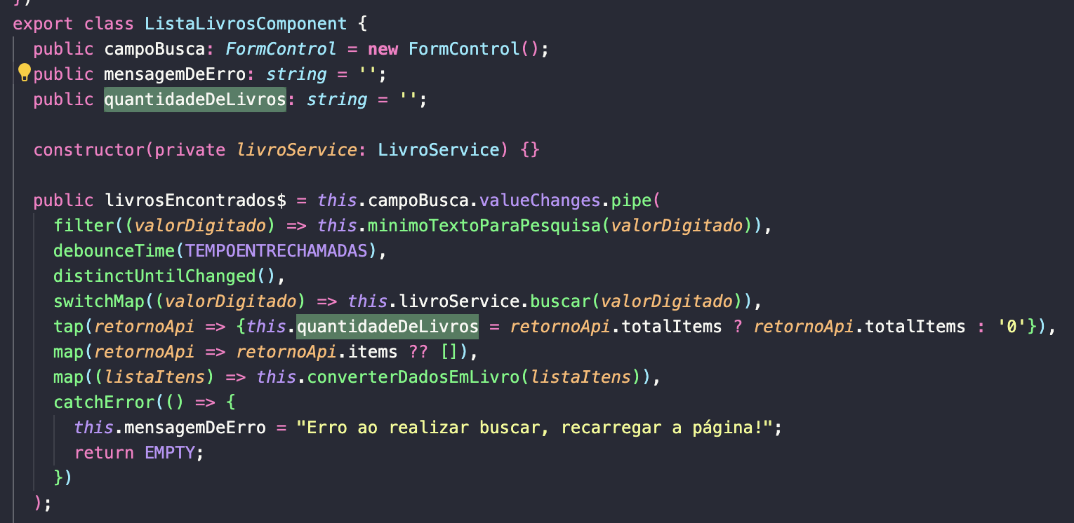 print do código da class ListaLivrosComponent com destaque a vaviavel quantidadeDeLivros