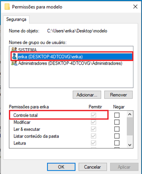 janela retangular com título Permissões para modelo, com a aba segurança, na metade de cima da imagem o usuario local erika destacado por um retângulo vermelho ao seu redor, na metade de baixo tem um retangulo vermelho destacando a opção controle total e um quadrado selecionado na opção permitir. No limite inferior estão os botões ok e cancelar