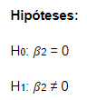 Hipóteses: H0: beta 2 igual a 0 e H1: beta 2 diferente de 0