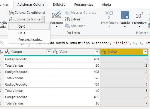 Nova coluna índice