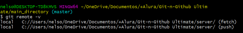 Usei o comando 'git remote -v' para mostrar o caminho de compartilhamento do servidor