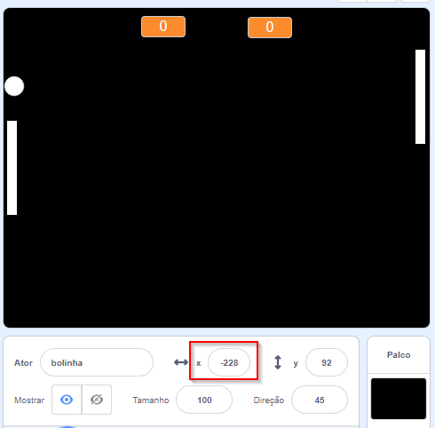 Imagem do jogo da bolinha, com o campo X em destaque