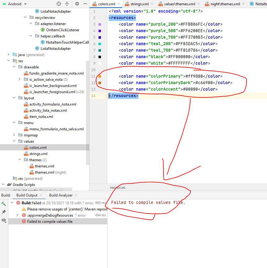 Erro de compilação ao adicionar cores novas no colors.xml